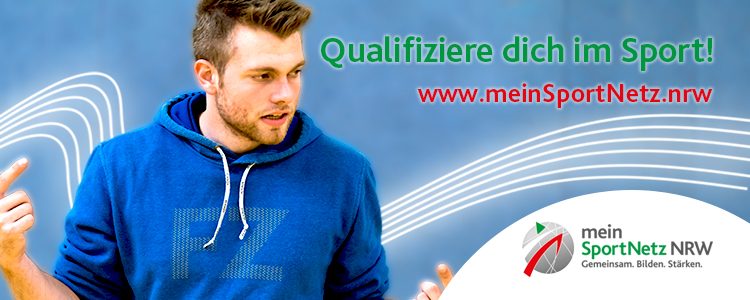 Imagemotive "Qualifiziere dich im Sport" junger Mann schaut nach Links. Mit Logo und URL von "Mein SportNetz NRW"