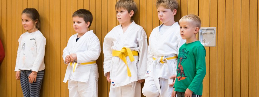 Kinder in Karatekleidung in der Halle