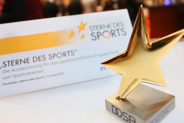Bild: Im Vordergrund ist die Auszeichnung "Goldener Stern" zu sehen. Im Hintergrund ist ein Papier zu sehen, auf dem "Sterne des Sports" geschrieben ist. 