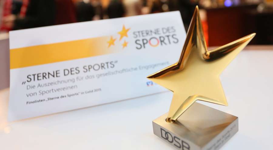 Bild: Im Vordergrund ist die Auszeichnung "Goldener Stern" zu sehen. Im Hintergrund ist ein Papier zu sehen, auf dem "Sterne des Sports" geschrieben ist. 