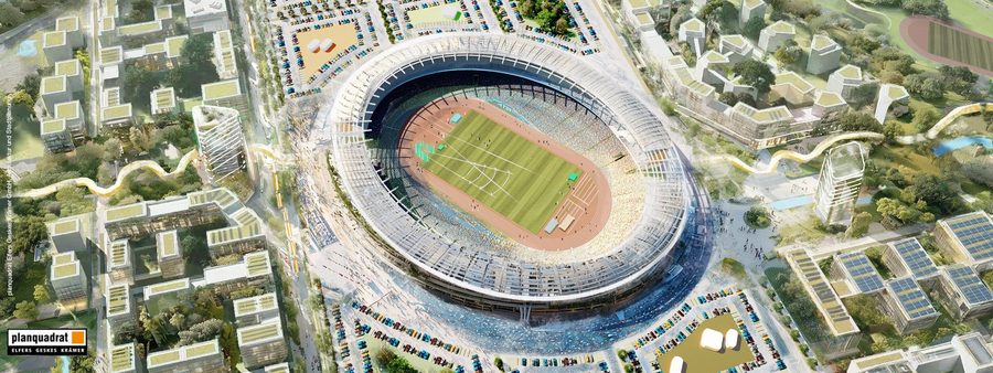 Visualisierung eines Olympiastadions für die Olympischen und Pralympischen Spiele in der Region Rhein-Ruhr