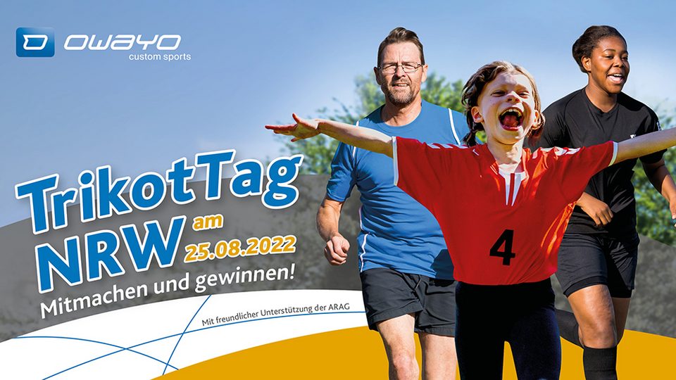 Motiv des Trikottag NRW am 25.08.2022. Drei Personen rennen, das Kind in der Mitte mit ausgestreckten Armen