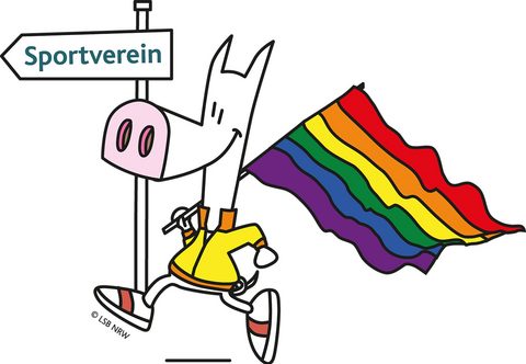 Schweinehund mit Vereinsschild und Regenbogen-Flagge
