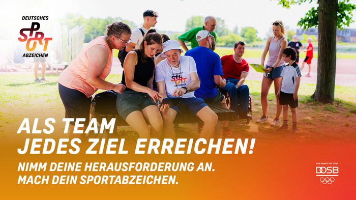 Sportabzeichen-Aktivierungsmotiv, Schriftzug "Als Team jedes Ziel erreichen!"