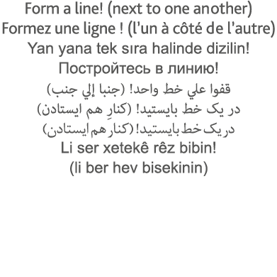 Form a line  (next to one another) Formez une ligne   (l un à côté de l autre) Yan yana tek sıra halinde dizilin        