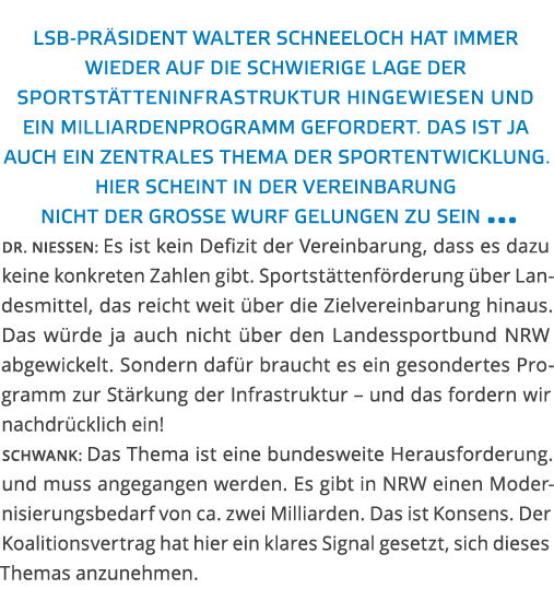  LSB-Pr sident Walter Schneeloch hat immer wieder auf die schwierige Lage der Sportst tteninfrastruktur hingewiesen u   