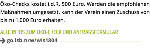  ko-Checks kostet i d R  500 Euro  Werden die empfohlenen Ma nahmen umgesetzt  kann der Verein einen Zuschuss von bis   